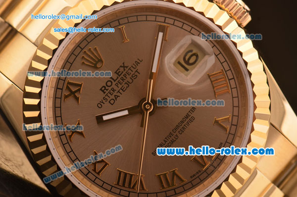 Rolex Datejust Swiss ETA 2836 Automatic Gold Case/Strap with Gold Dial and Roman Numeral Hour Markers - Click Image to Close